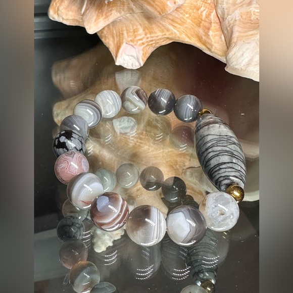 AGATE BANDED + NET JASPER NATURAL STONES BRACELET Size 7” - Picture 7 of 10